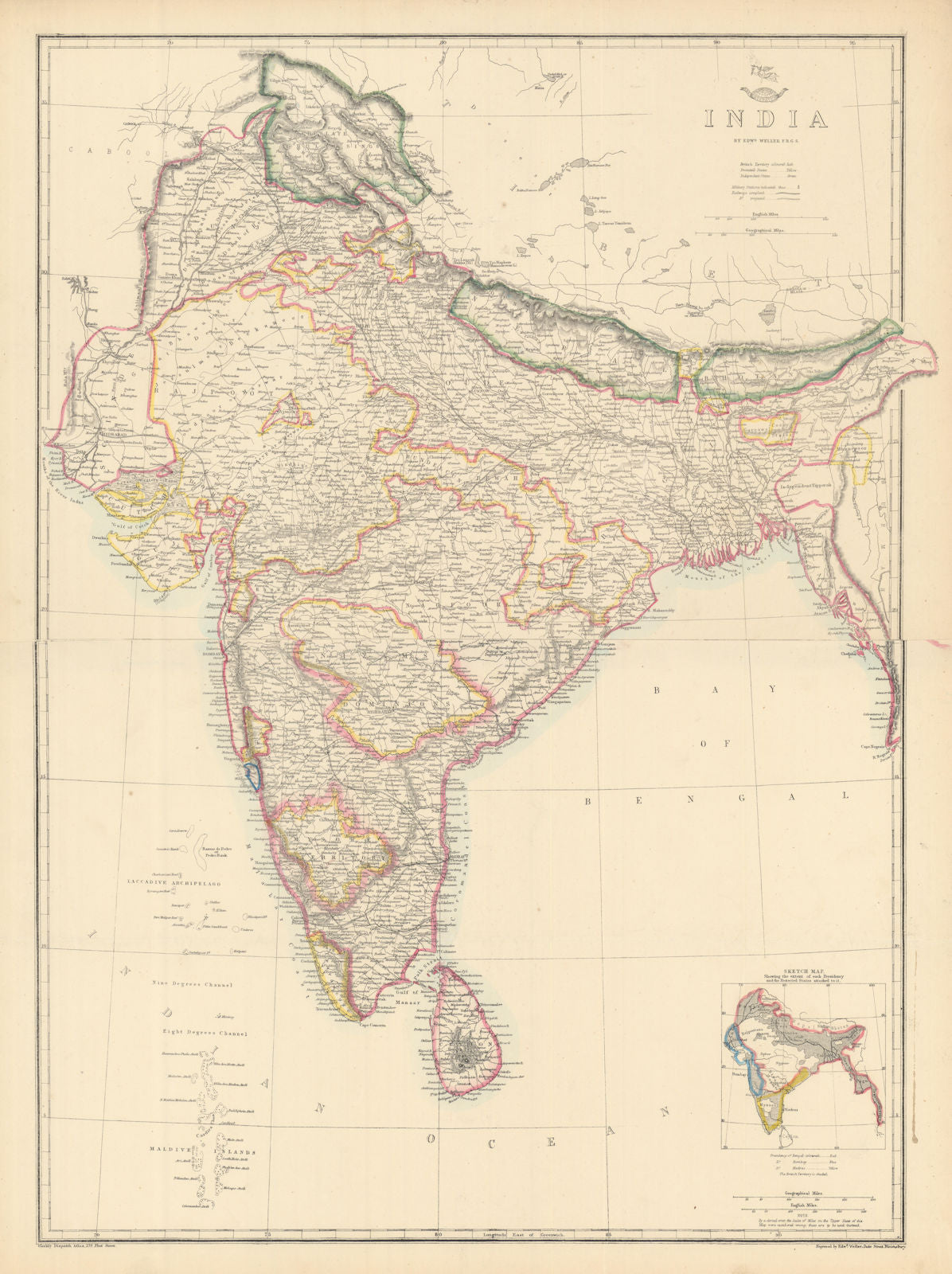 INDIA British/protected/ind states.Completed & planned railways.WELLER 1863 map